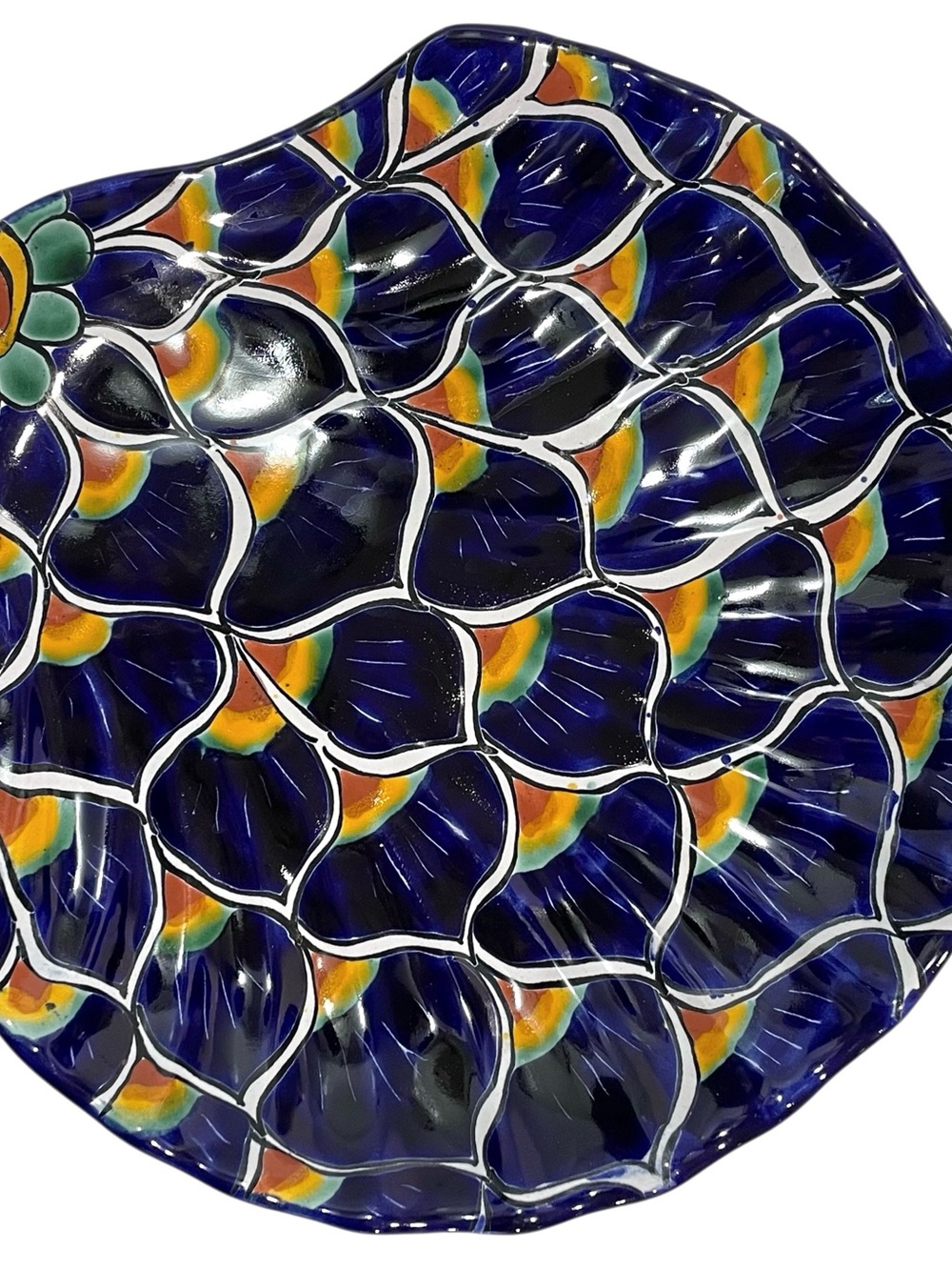 Vintage 1980s Talavera Mexican Pottery Art Plate - Peacock Feathers Design Shell